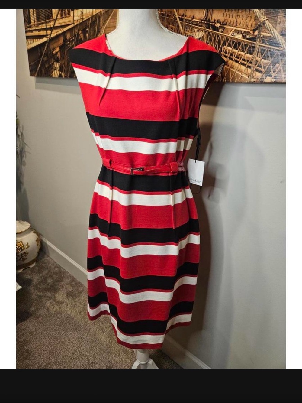 NEW w/Tags Calvin Klein Red and Black Striped Belted Sheath Dress